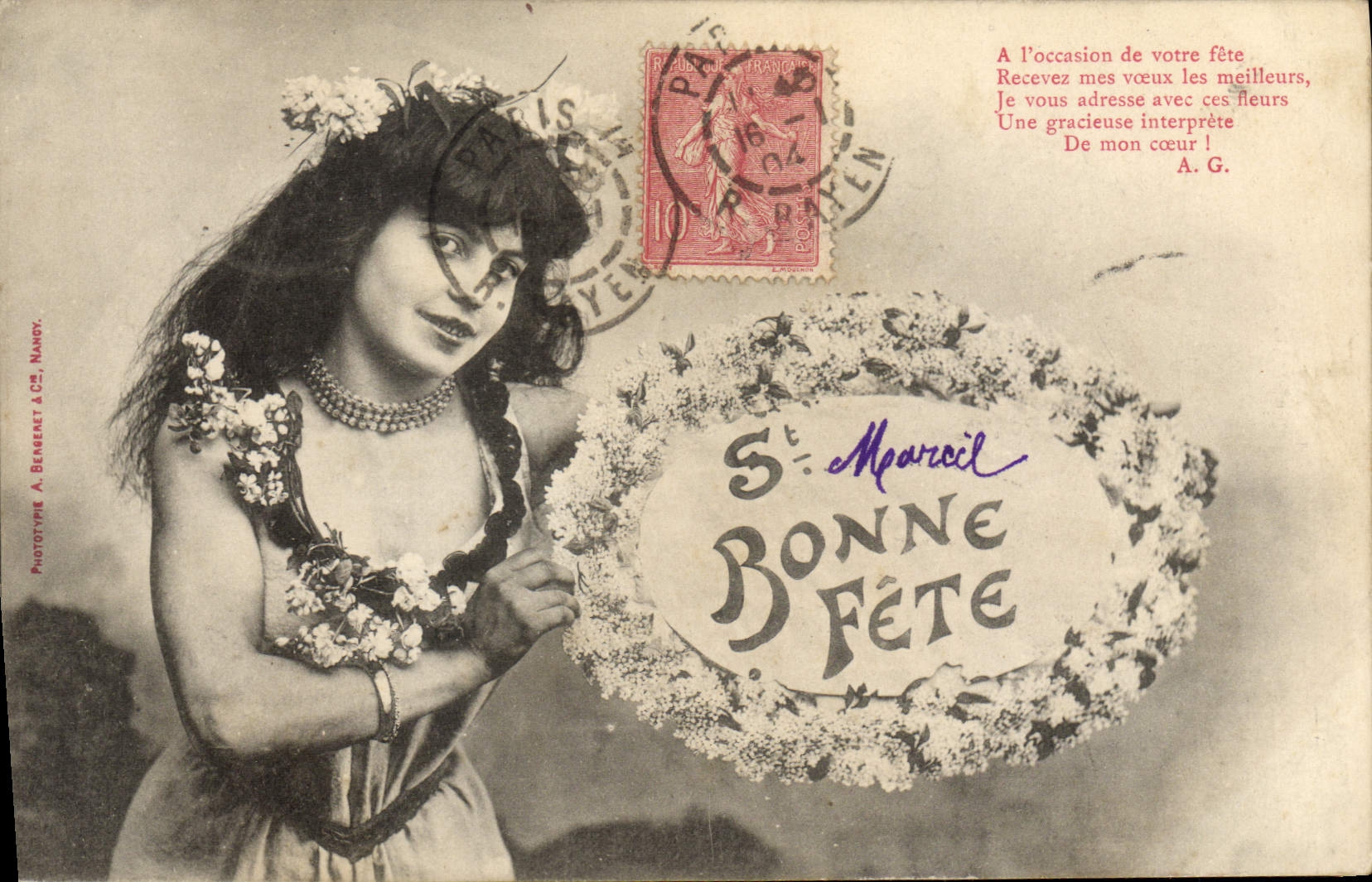 Jeune femme en couronne de fleurs — carte de vœux — Phototype A. Benenat & Cie, Nancy