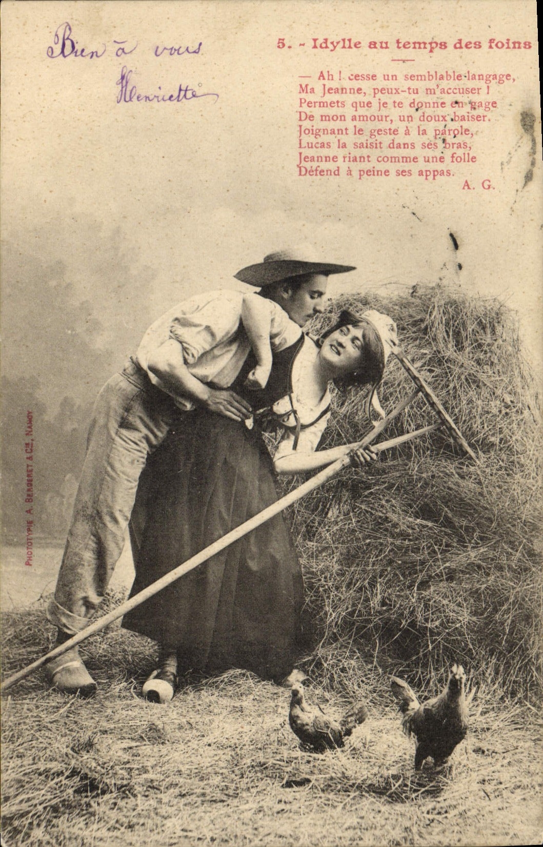 Idylle au temps des foins — scène de jeunes amoureux dans un champ — Phototypie A. Berbert & Cie, Nîmes