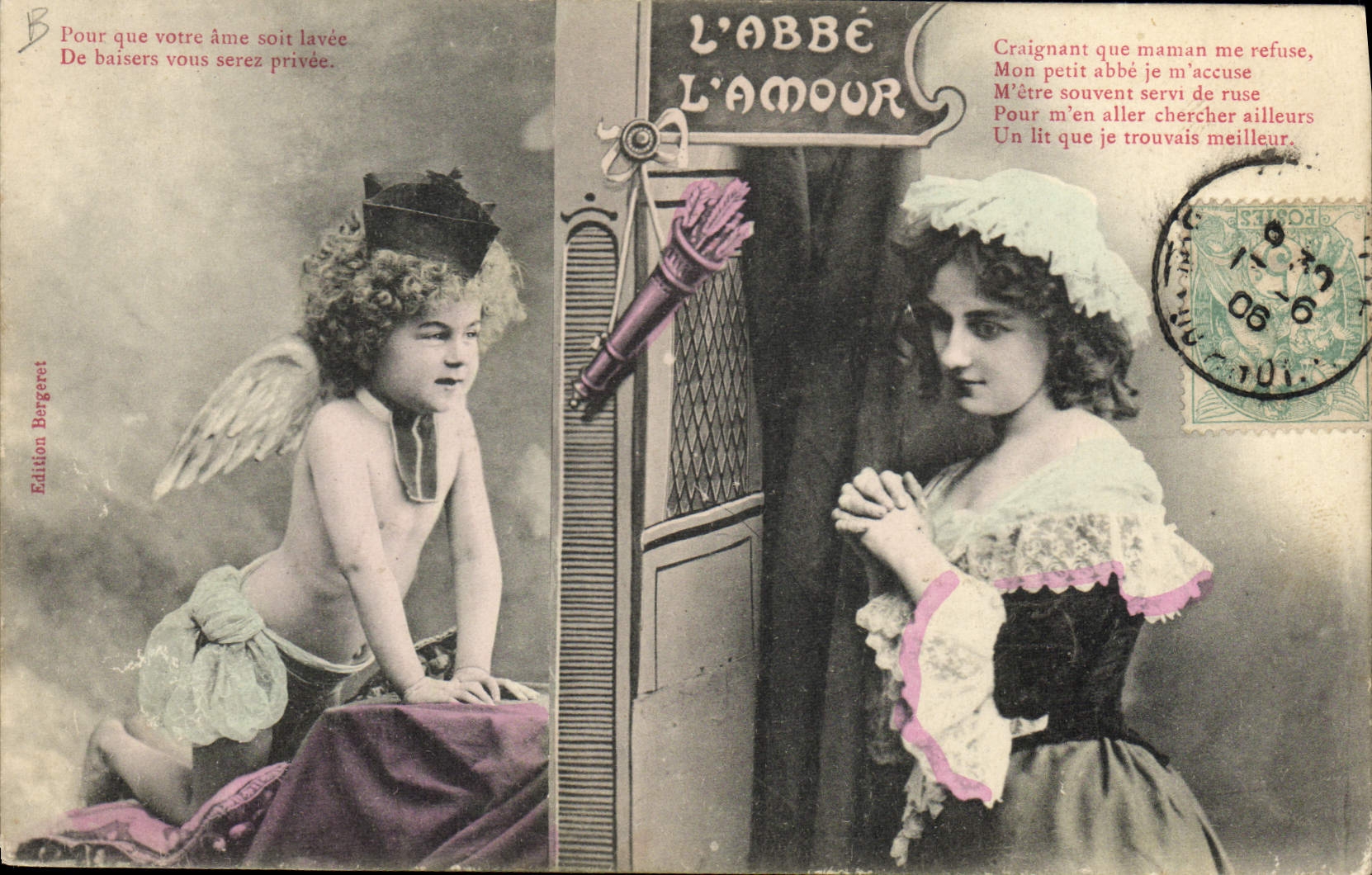 L'Abbé L'Amour — scène comique avec Cupidon et une jeune femme — Édition Bergeret