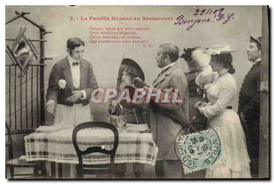 La Famille Dusand au Restaurant — scène comique avec serveur — éditeur A.G.