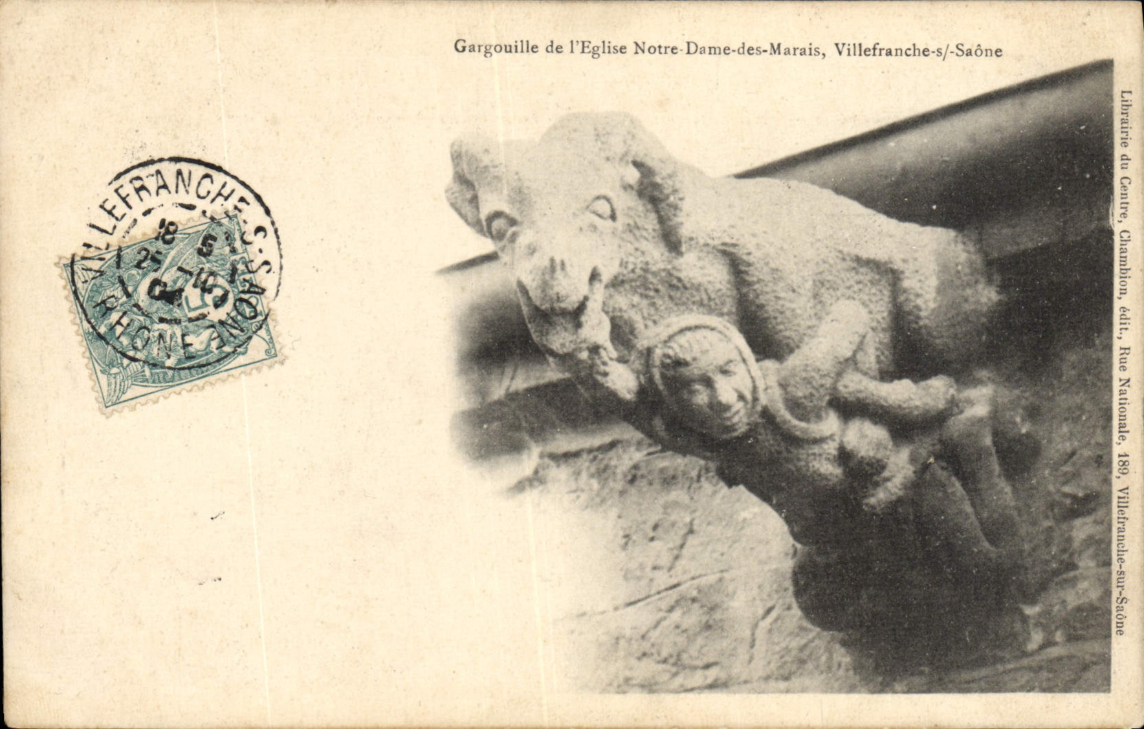 Gargoyle der Kirche Notre-Dame-des-Marais, Villefranche-sur-Saône — Librairie du Centre, Chamblion, Verlag Rue Nationale, 189 — Villefranche-sur-Saône