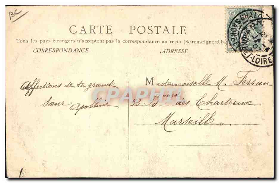 Chalon-sur-Saône — Funérailles du Docteur Mauchamp assassiné à Marrakech (Maroc) le 19 Mars 1907 — B. F. Chalon & Saône — Verso