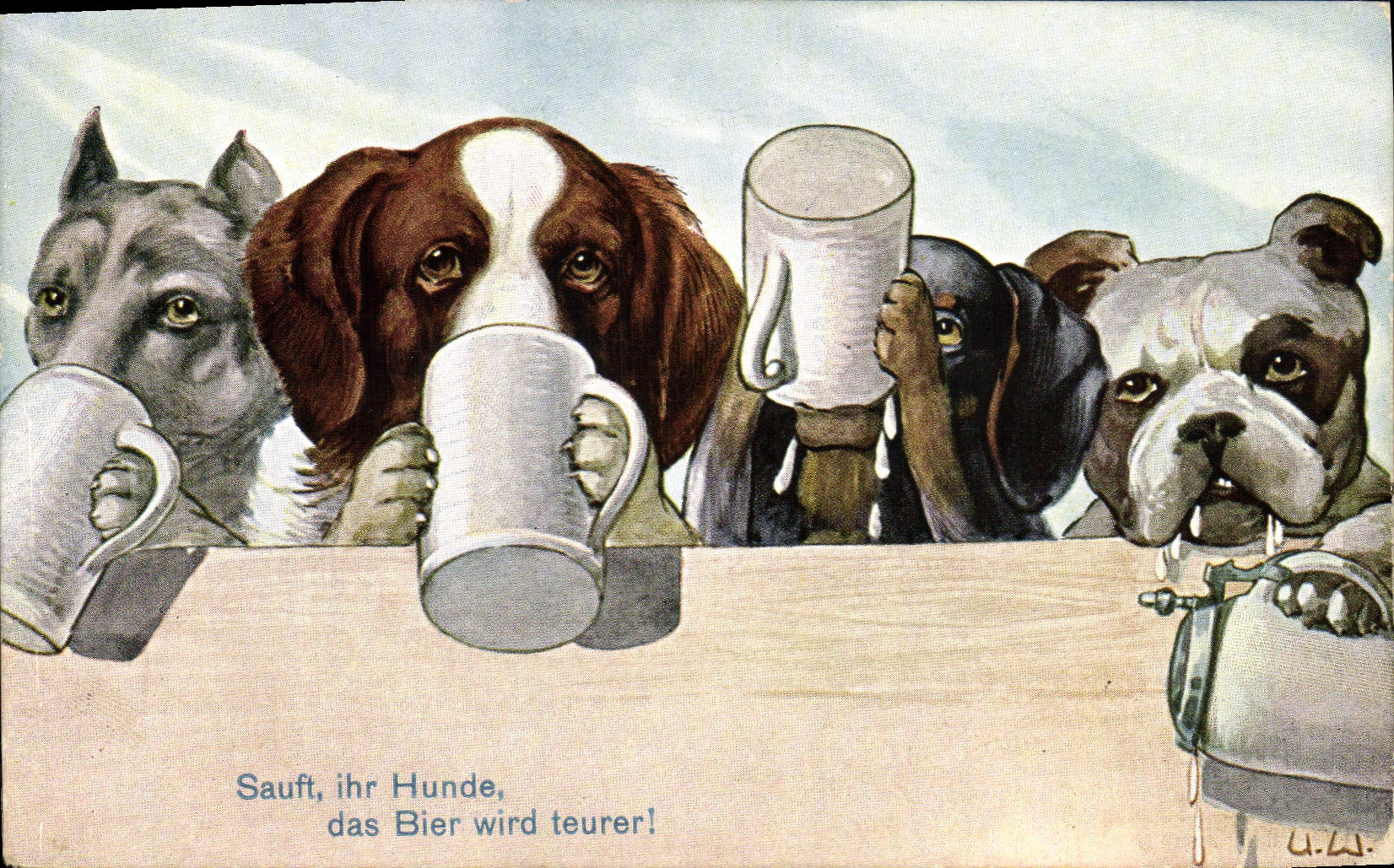 Chiens buvant de la bière — Slogan humoristique — U.L. (éditeur ?)