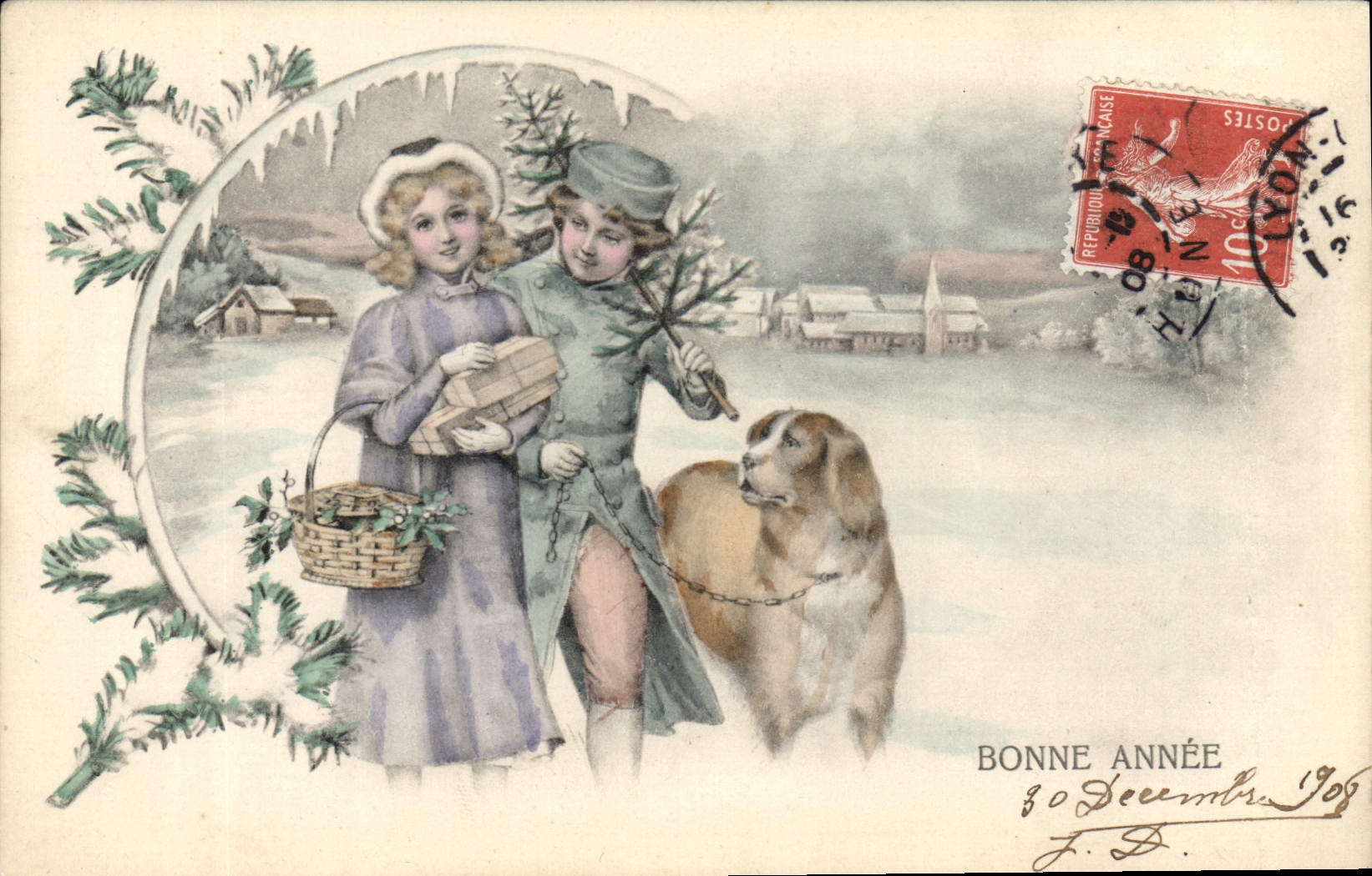 Deux enfants et un chien dans un paysage hivernal — Bonne Année 1908 — éditeur non visible