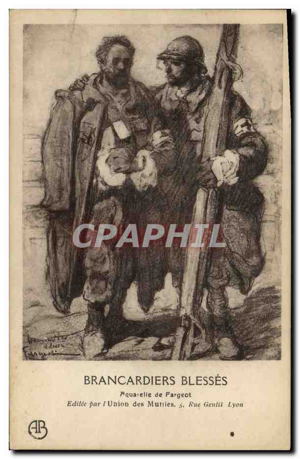 Brancardiers blessés — Aquarelle de Fargeot — Éditée par l'Union des Mutiles, 5 Rue Gentil Lyon