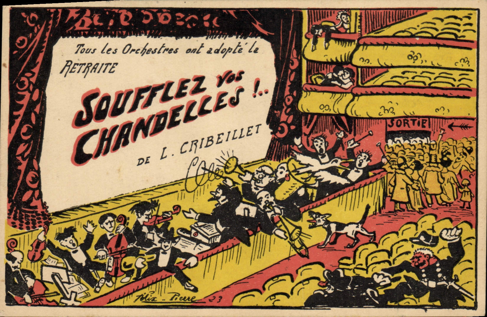 SOUFFLEZ VOS CHANDELLES ! — Public et orchestre en chaos — Édition Musicale Cribleillet, n° non visible