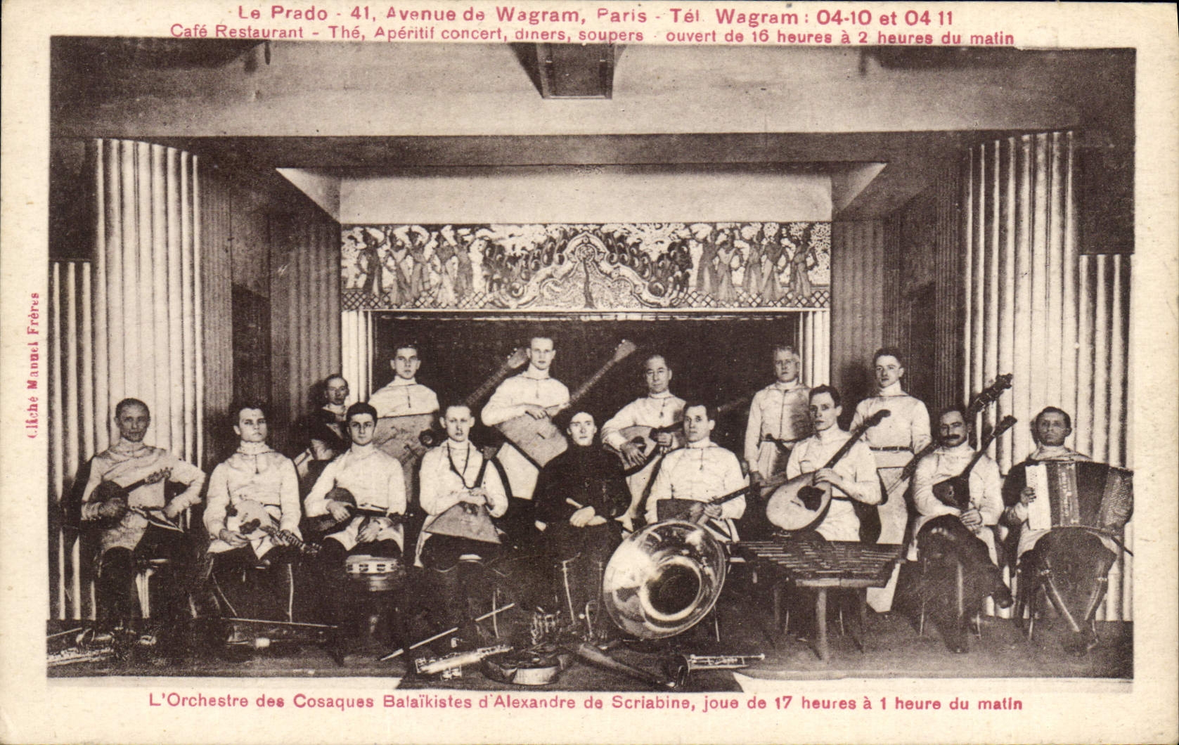 L'Orchestre des Cosaques Balaïkistes d'Alexandre Scriabine — Le Prado, Avenue de Wagram, Paris — Cliché Manuel Frères