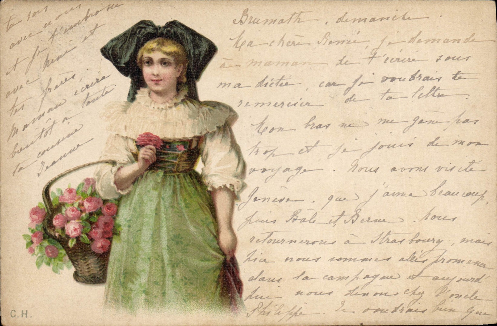 Jeune femme en robe verte tenant un panier de roses — Brumath, éditeur C.H.