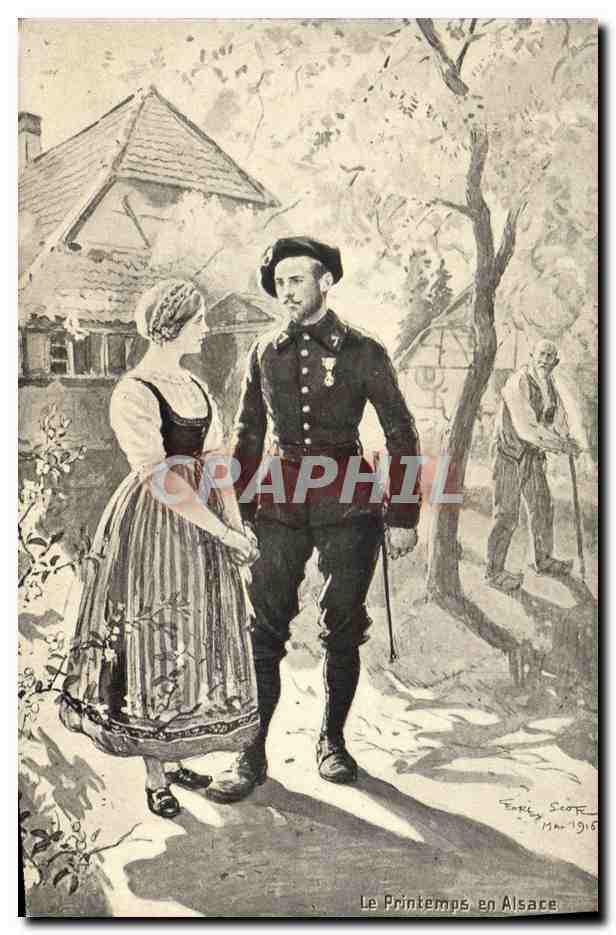 CPA Folklore Alsace Le printemps en Alsace Militaria Medaille 