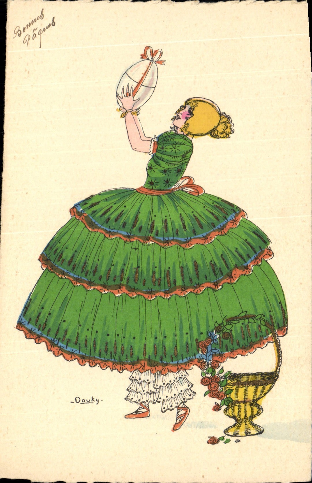 Femme en robe verte — danseuse avec ballon et panier — dessin de Douky