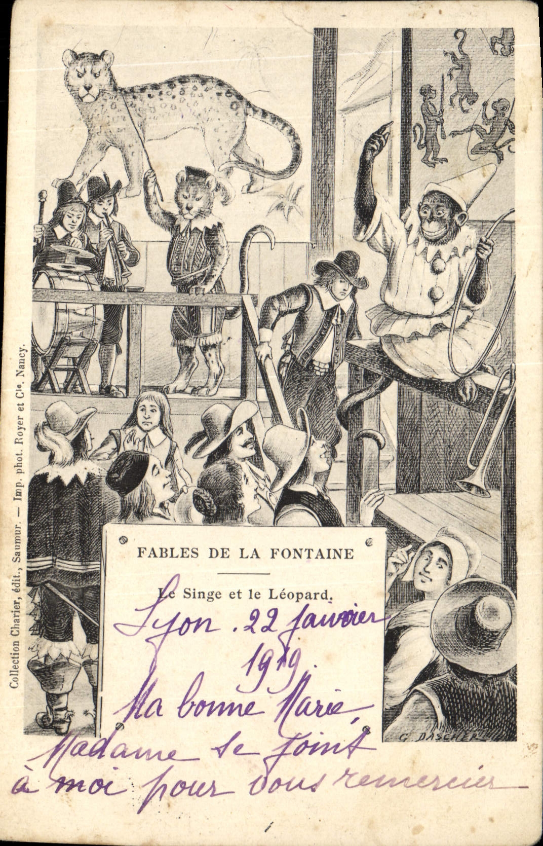CPA Fantaisie Illustrateur Fables de la Fontaine Le singe et le leopard 