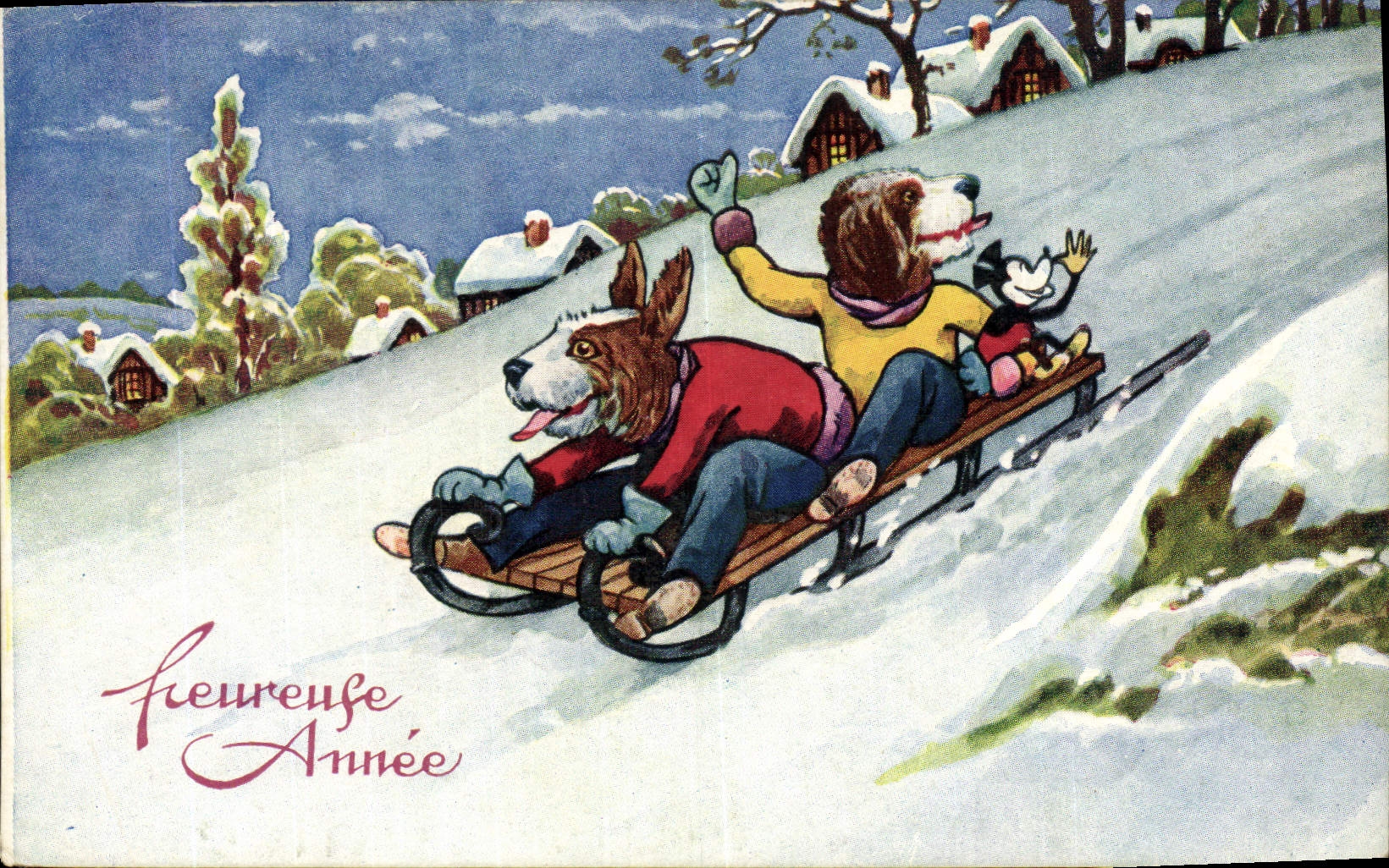 CPA Fantaisie Illustrateur Traineau Chien Chines Heureuse Annee 