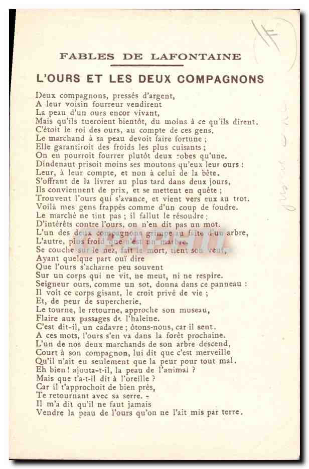 CPA Fantaisie Illustrateur Fables de Lafontaine L'ours et les deux compagnons Gustave Dore  — Rückseite