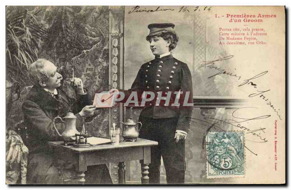 Premières Armes d'un Groom — scène de présentation d'une lettre — éditeur A. Blasser & Cie, Laval