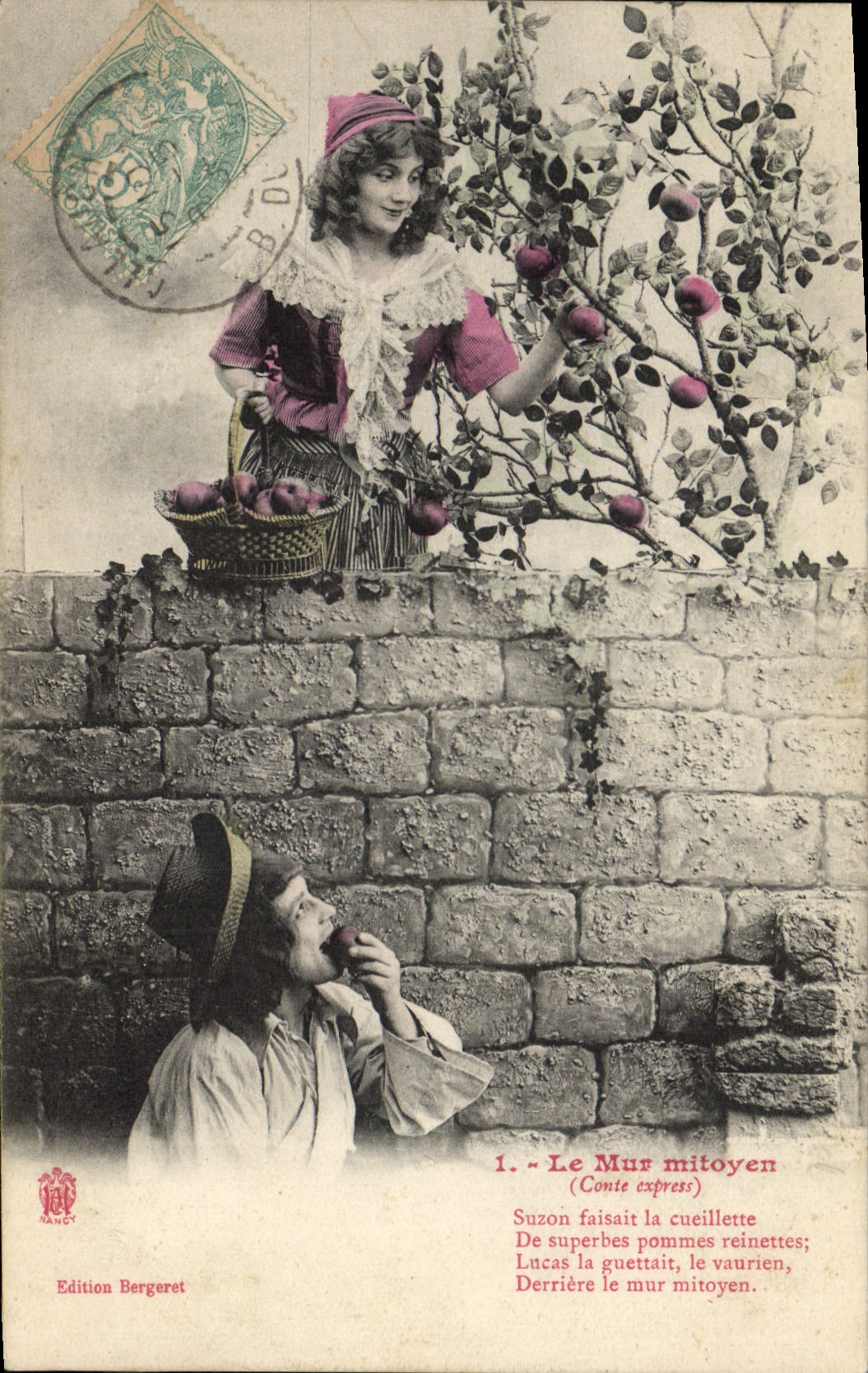 Le Mur mitoyen — Suzon cueille les pommes, Lucas les guette — Édition Bergeret, n°1