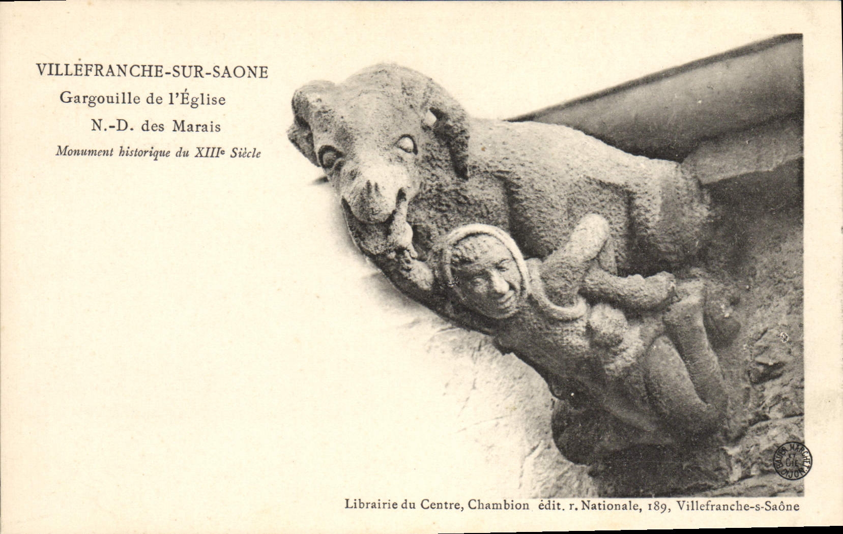 Villefranche-sur-Saône — Gargoyle der Kirche N.-D. des Marais — Librairie du Centre, Chambion, Verlag r. Nationale, 1889