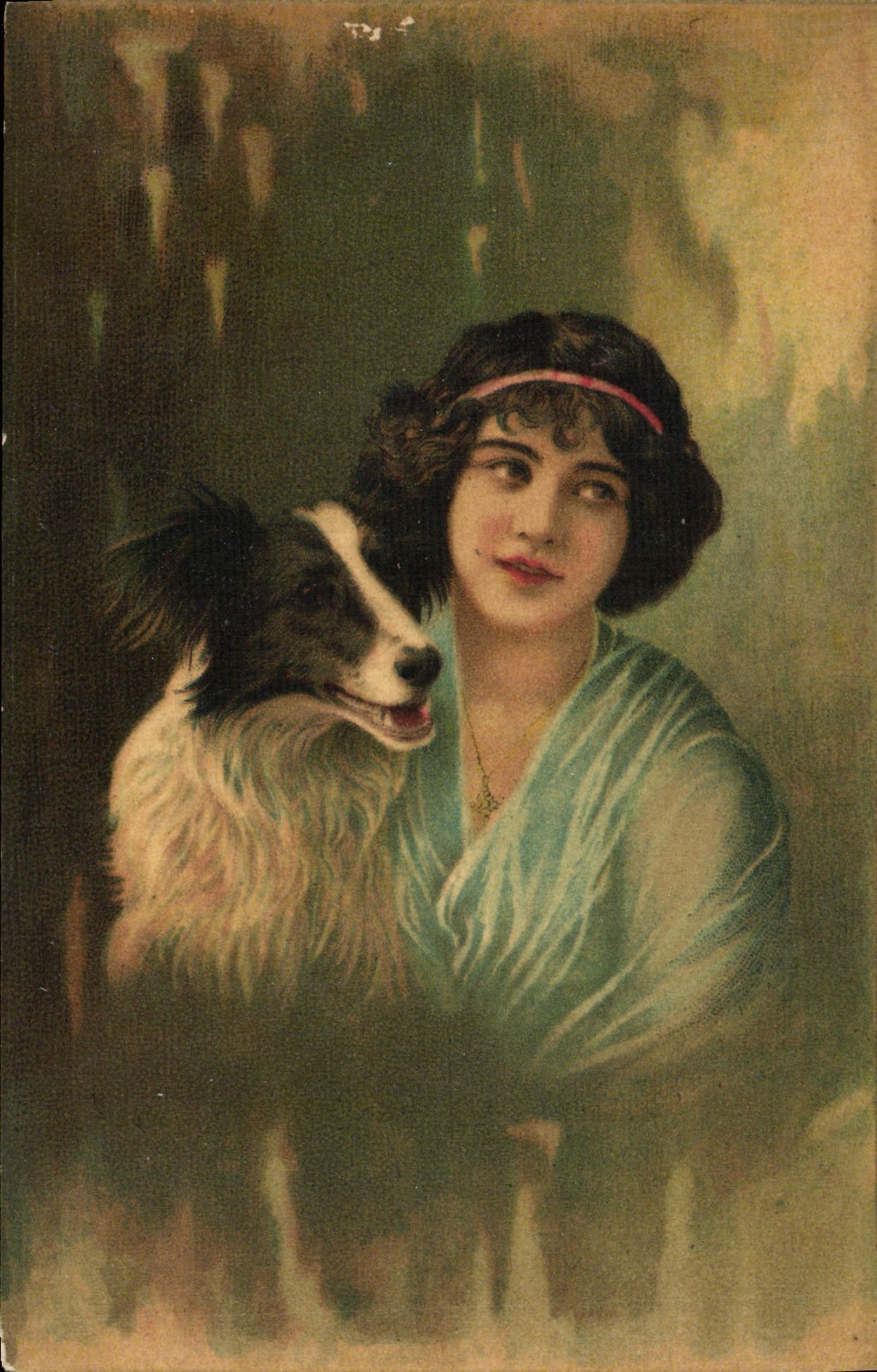 Jeune femme et chien border collie — série artistique — éditeur A. Traldi, Milan, n° 1302