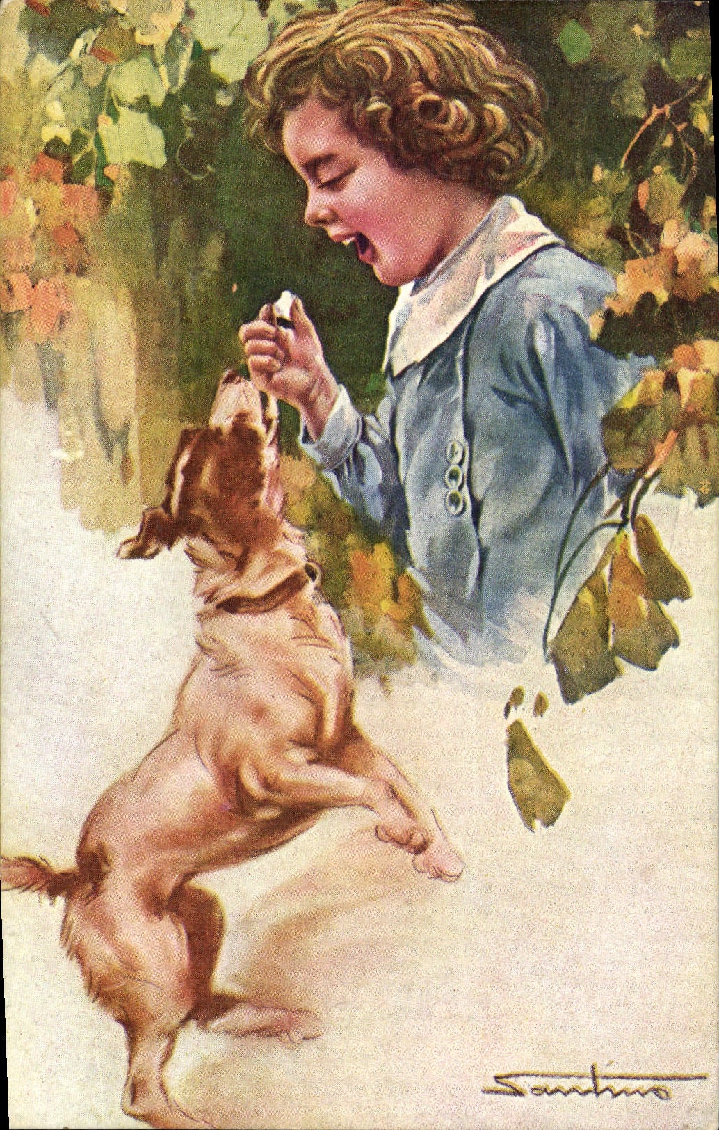 Enfant nourrissant un chien — illustration — Santino