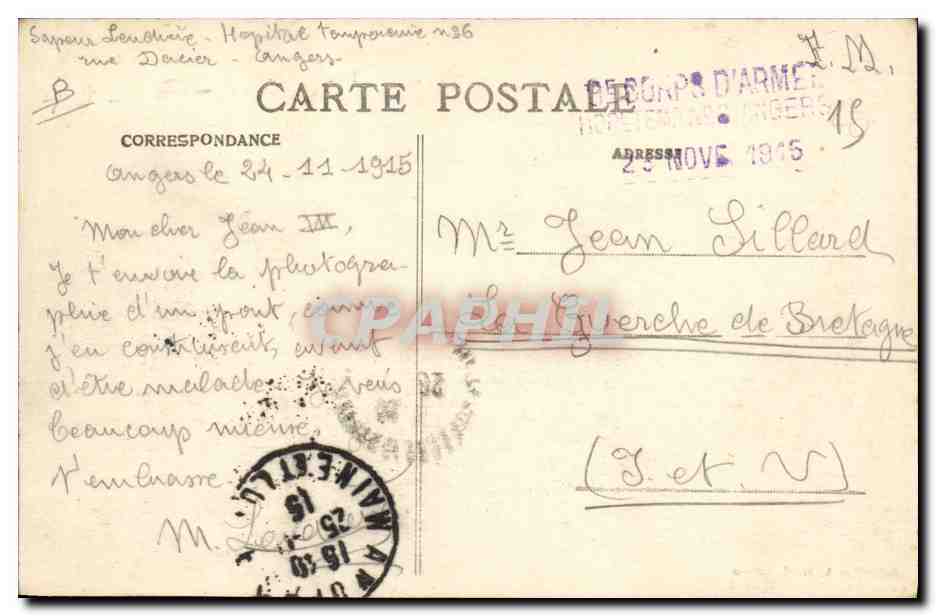 CPA Militaria Angers Manoeuvres du Genie Transport de materiel pour la construction d'un pont de bateaux sur la Loire  — Rückseite