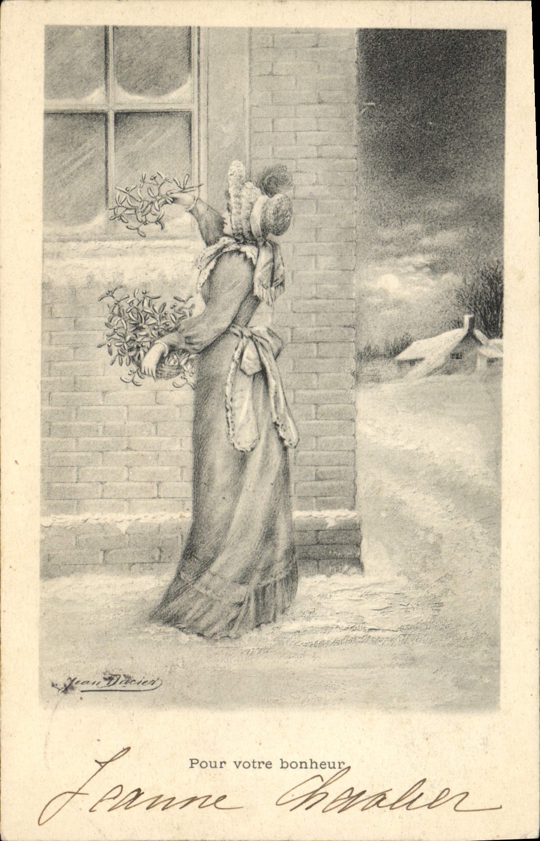 Femme tenant un bouquet de gui — scène hivernale — Jean Dicier