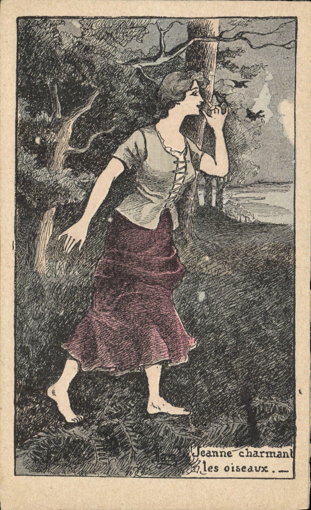 CPA Fantaisie Illustrateur Femme Jeanne charmant les oiseaux