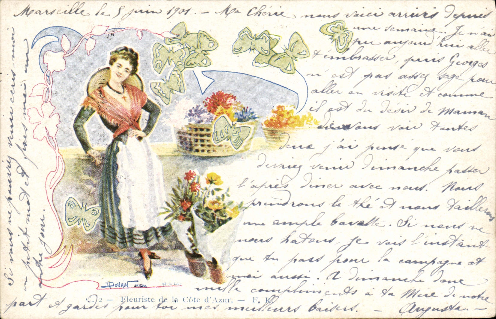 CPA Fantaisie Illustrateur Femme Fleuriste de la Cote d'Azur