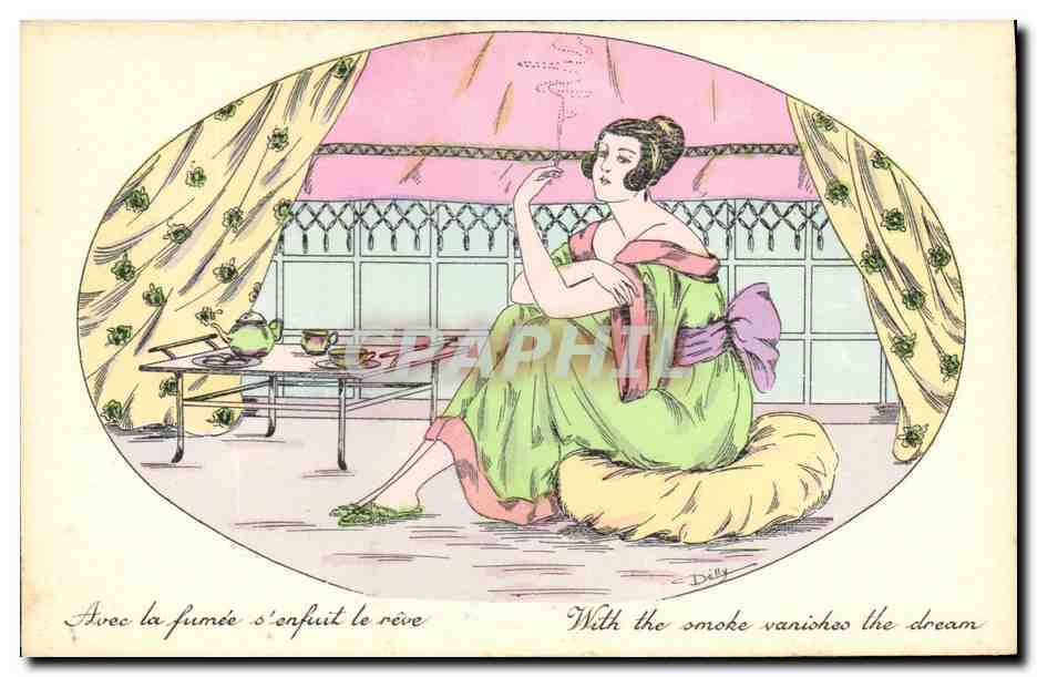 Femme fumant une cigarette — scène intérieure — Dilly, n° 615