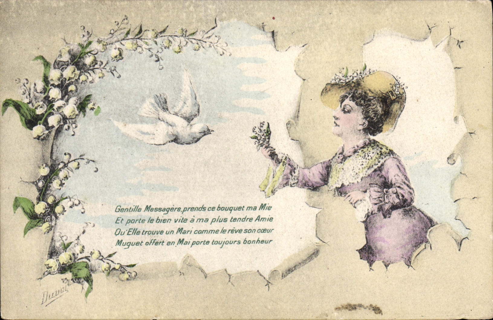 CPA Fantaisie Illustrateur Femme Colombe