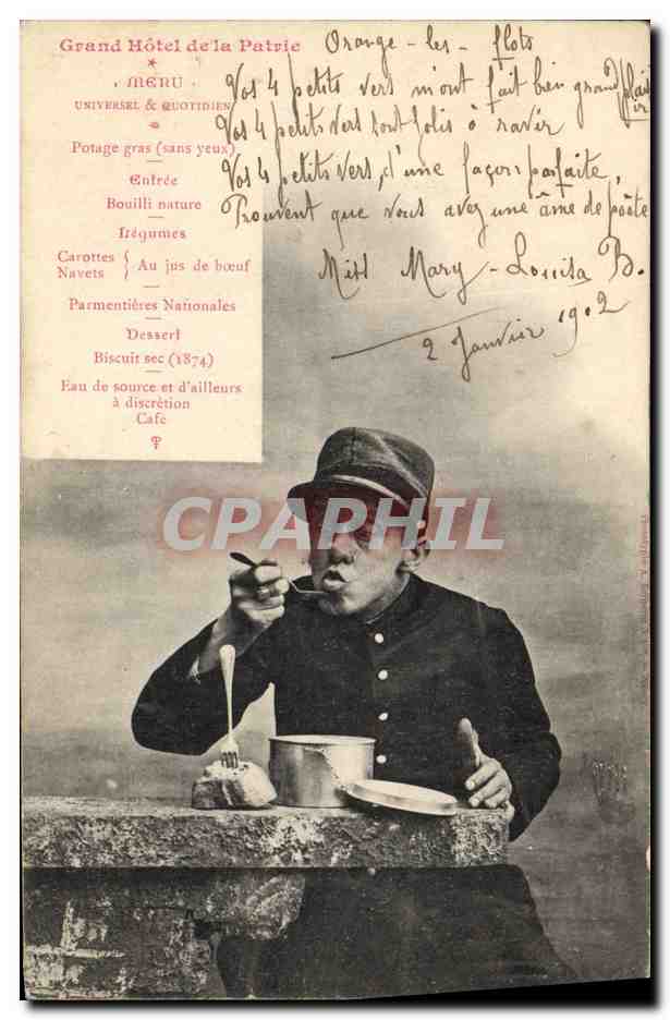 Soldat mangeant un potage — Grand Hôtel de la Patrie, Orange — éditeur non visible