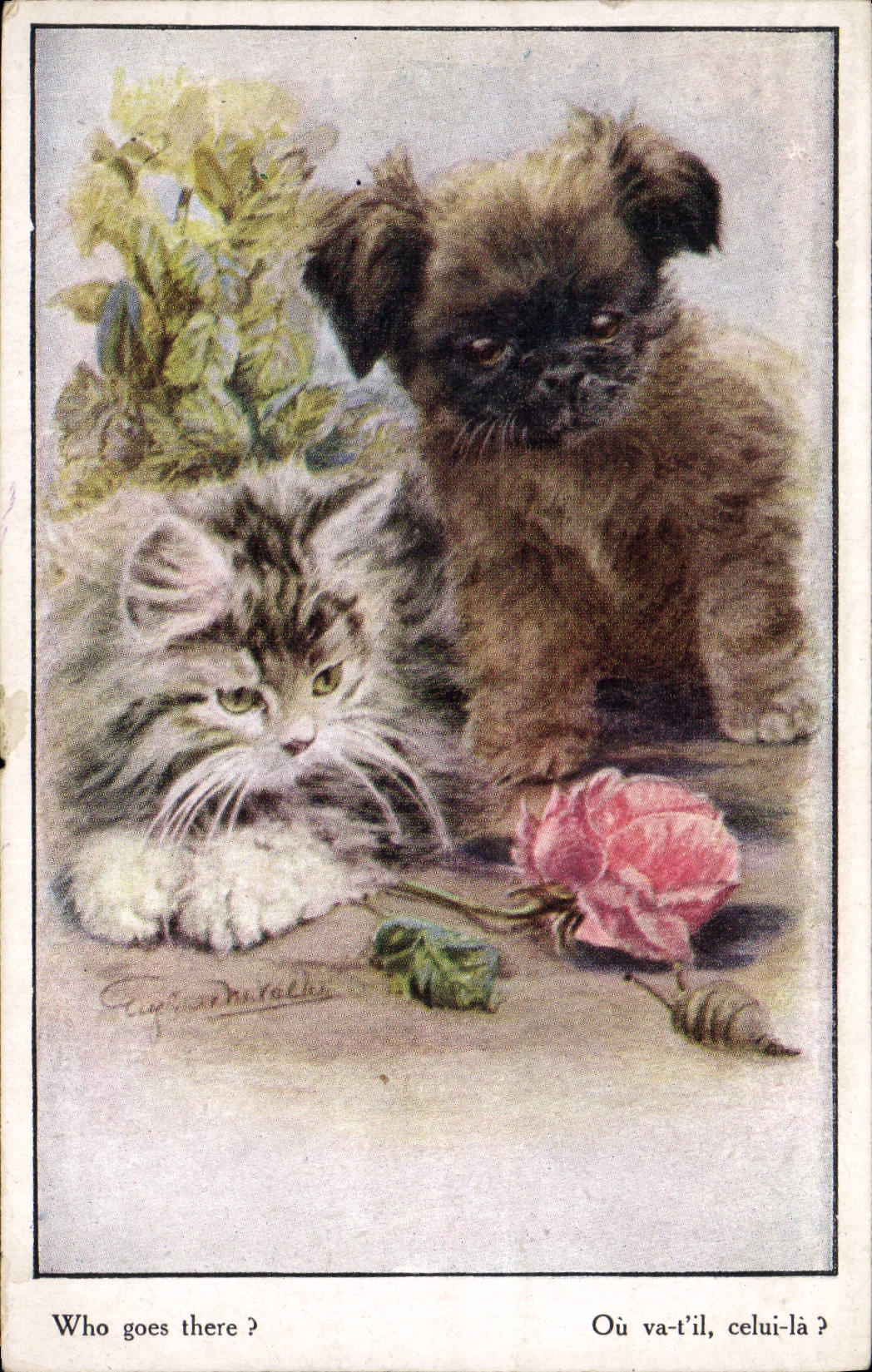Chat et chiot — scène animale — Éditeur : 'Artistique' série N° 3839