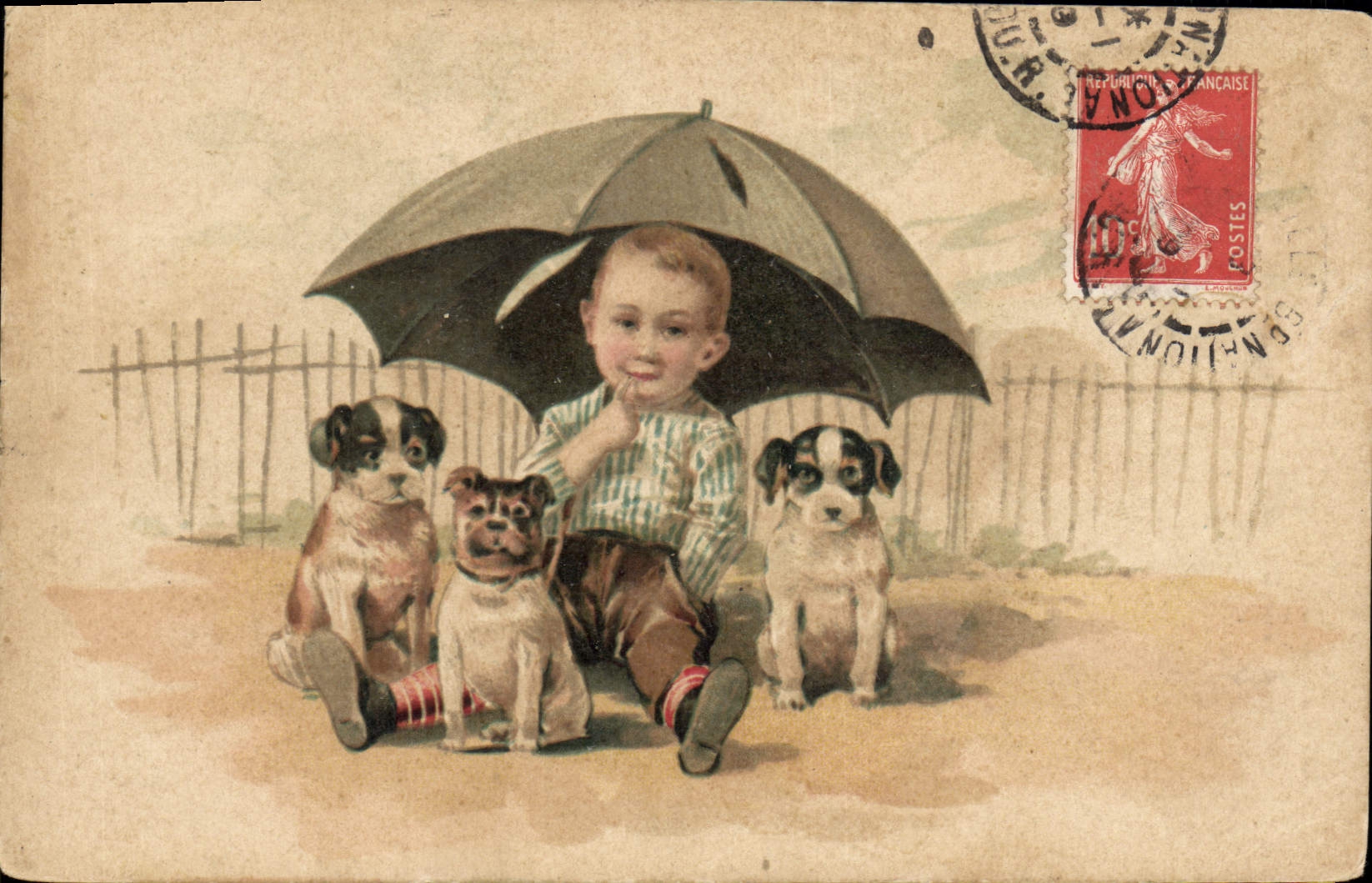 Enfant et chiots sous un parapluie — scène d'extérieur — éditeur : Chocolaterie de Marliéu, Marseille