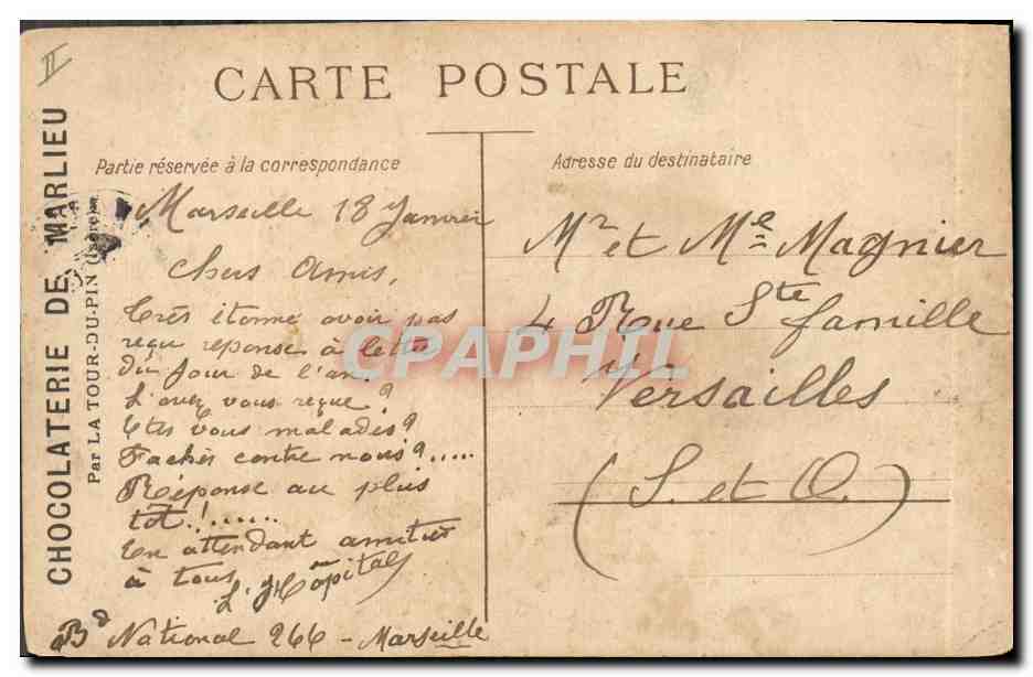 Enfant et chiots sous un parapluie — scène d'extérieur — éditeur : Chocolaterie de Marliéu, Marseille — Reverso