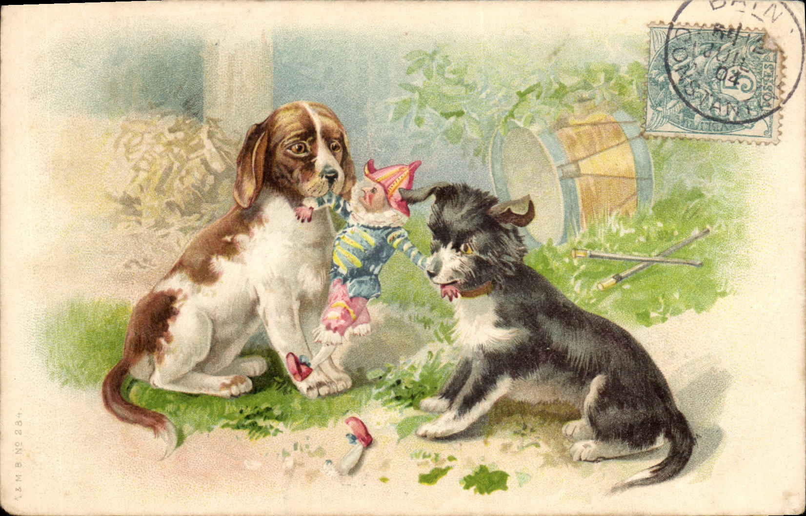 Deux chiots jouant avec un petit clown — L&M B. N° 284 — éditeur L&M B.