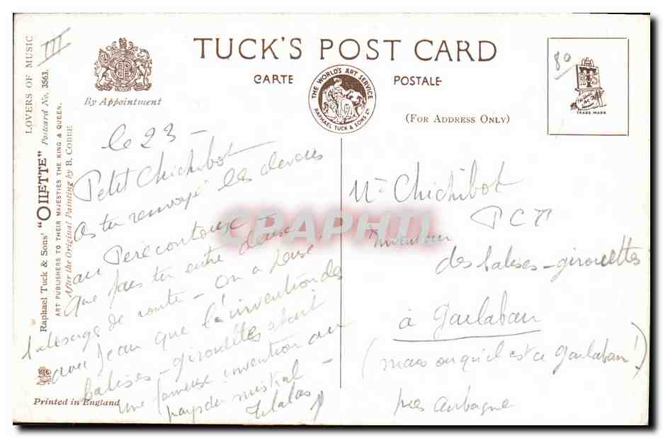 Trois chiots jouant avec des partitions musicales — Oilette — Tuck's Post Card — Reverso