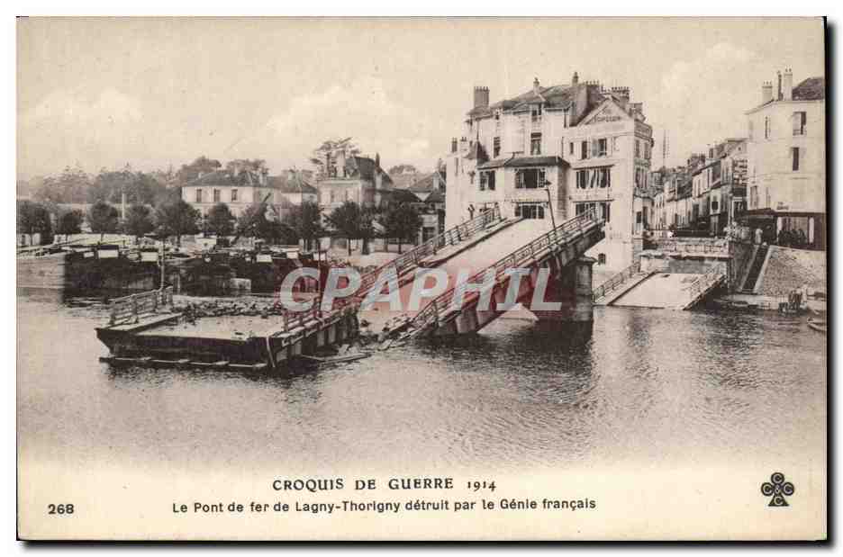 Pont de fer de Lagny-Thorigny — détruit par le Génie français — Croquis de Guerre 1914, n° 268