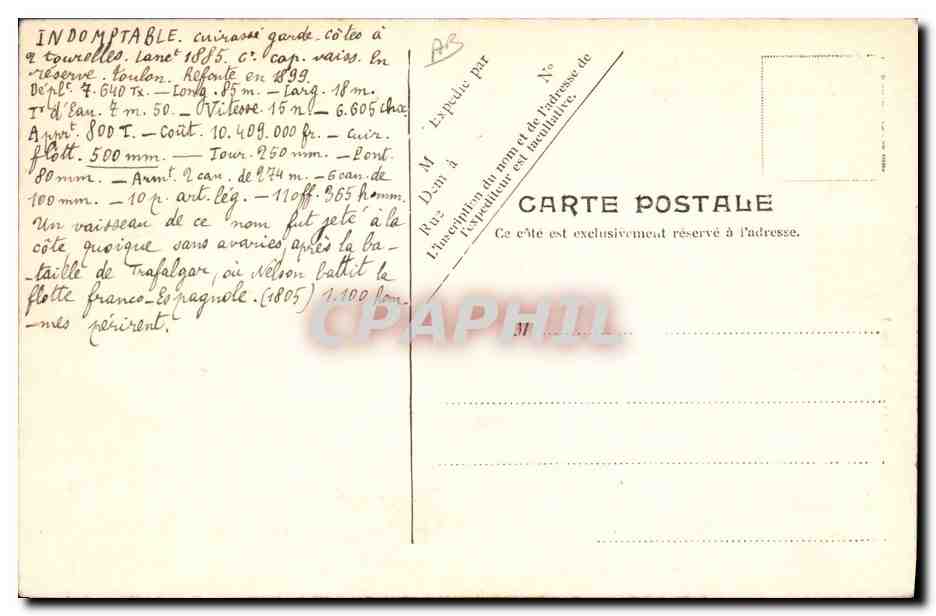L'Indomptable — cuirassé de la Marine Française — V.P. Paris No. 7 — Reverso
