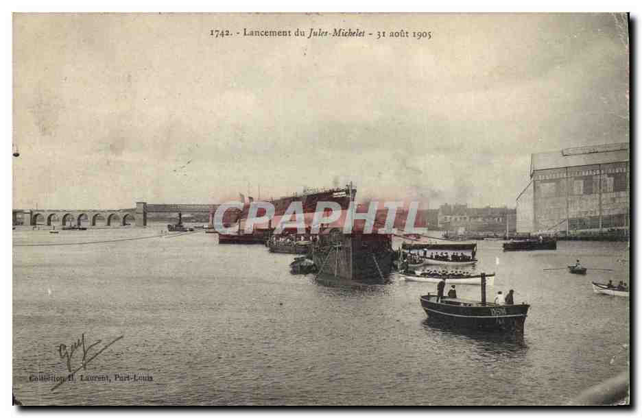 Cartolina d'epoca Barche Lancement del Jules Michelet 31 agosto 1905
