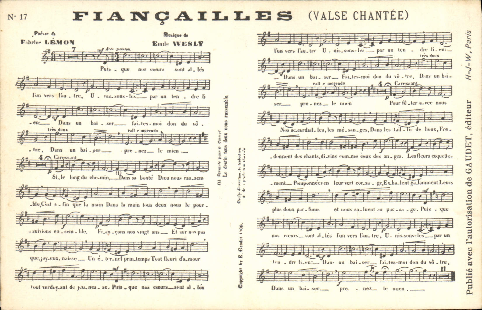 Fiançailles (Valse chantée) — Poème de Fabrice LEMON, Musique d'Emile WESLY — Éditeur GAUDET, N° 17