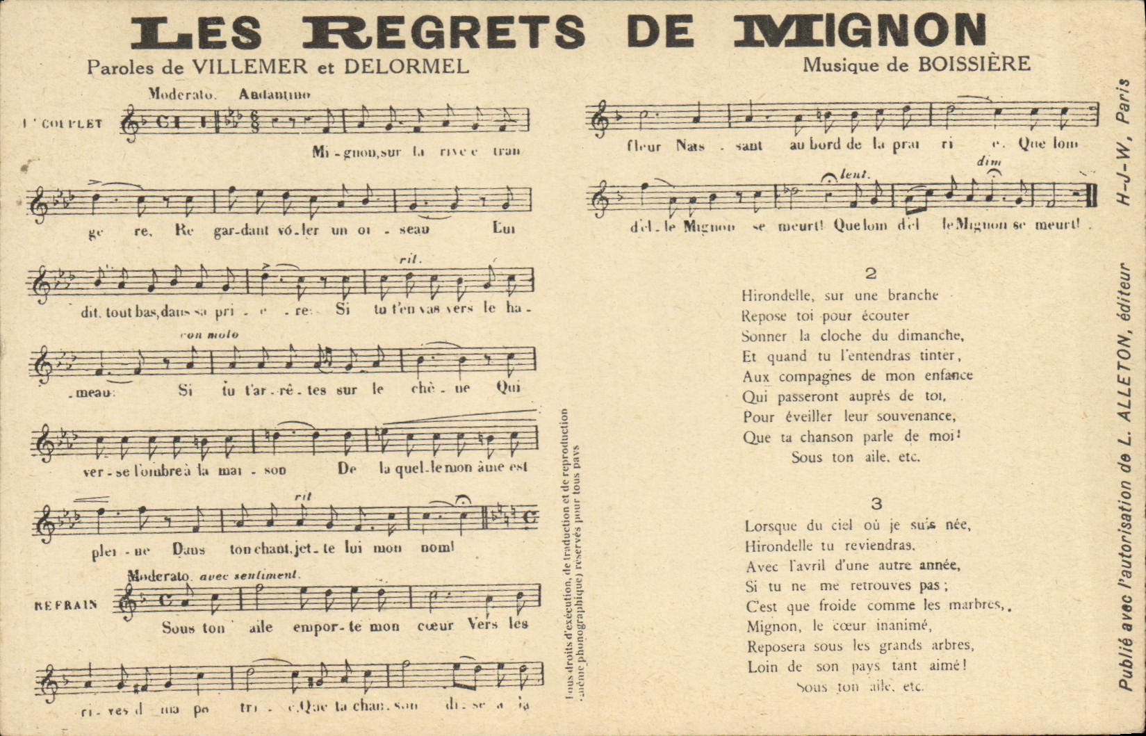 Les Regrets de Mignon — chanson — H-J-W, Paris, éditeur