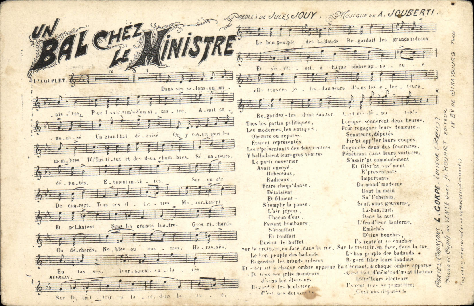 Un bal chez le ministre — paroles de Jules Jouy, musique de A. Jouberti — éditeur L. Garde à Strasbourg
