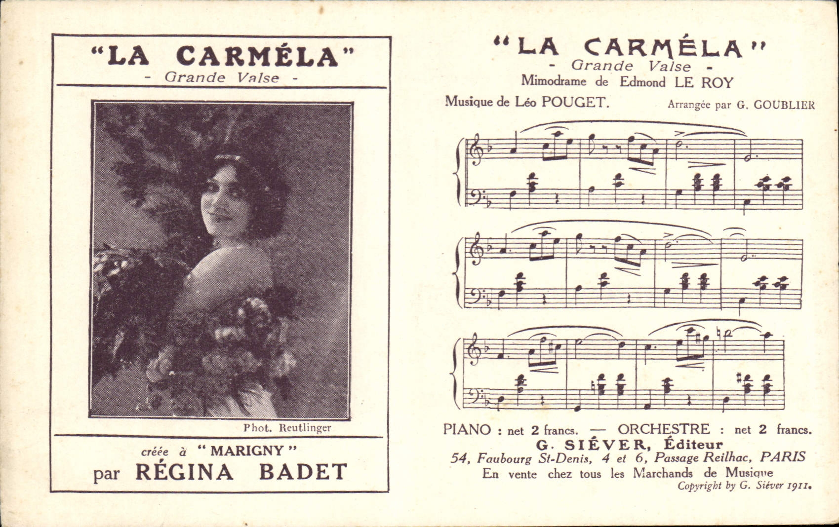 Régina Badet — La Carméla — Grande Valse — G. Siéver, Éditeur