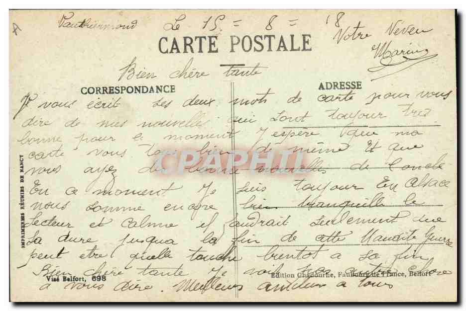 CPA Folklore Alsace Fillettes alsaciennes 14 Juillet 1917 — Verso