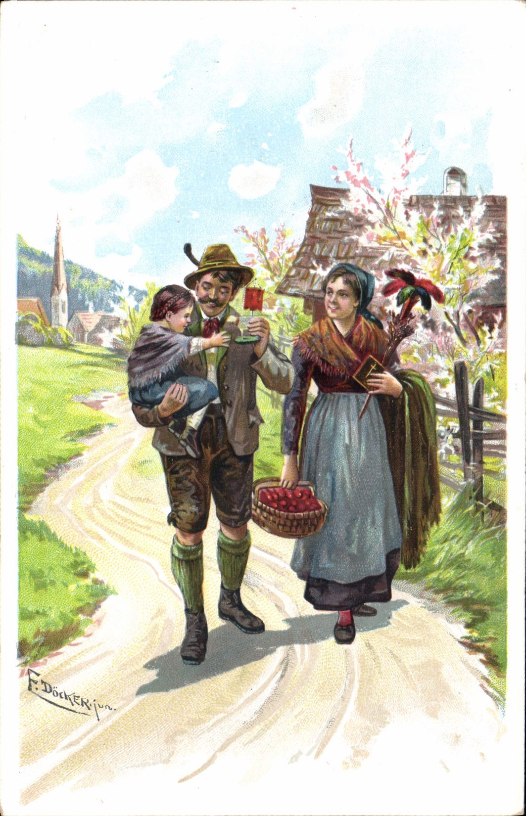 Famille en costume traditionnel — scène de village — F. Döcker jun.