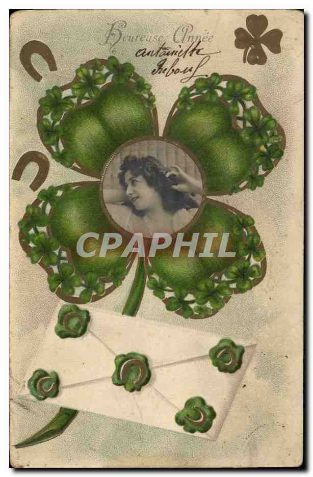 CPA Fantaisie Fleurs Femme Fer a cheval Trefle