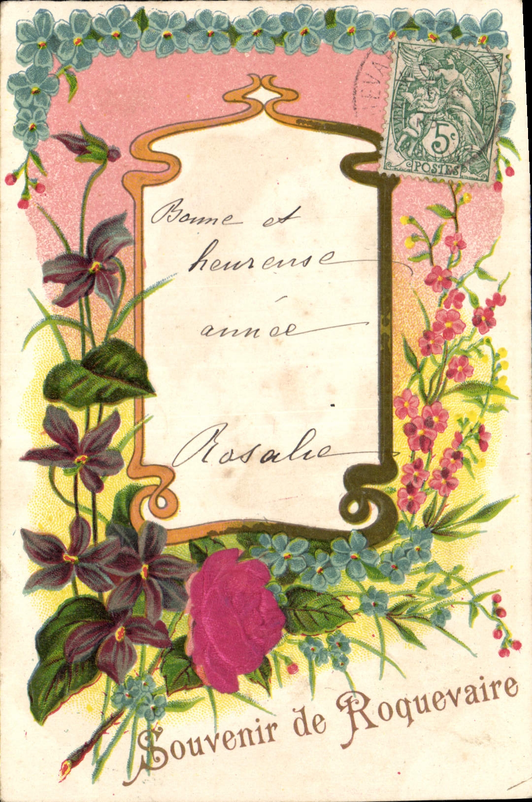 Souvenir de Roquevaire — carte postale décorée de fleurs — éditeur inconnu, n° de série non visible