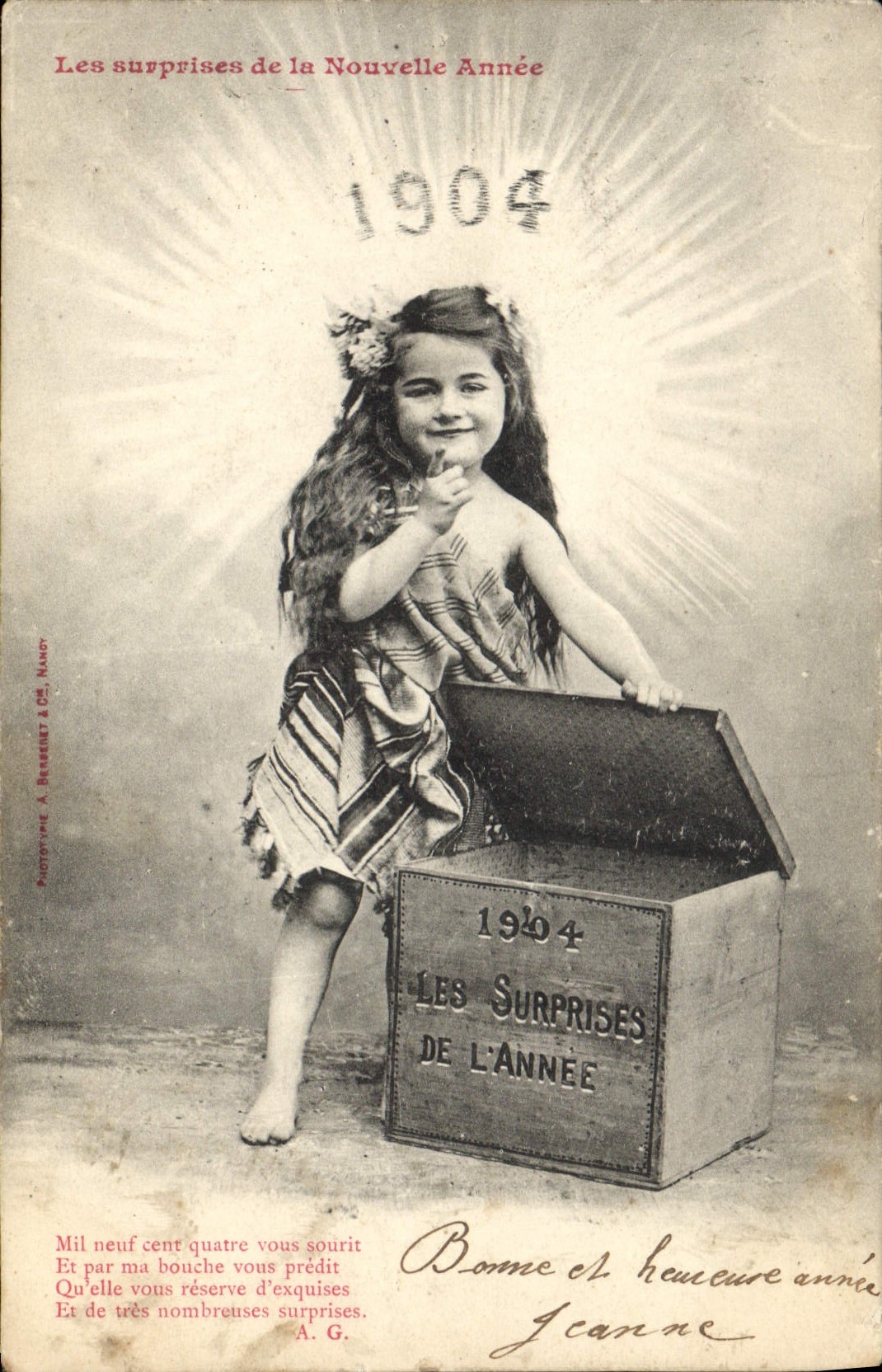 Fille en tenue de fête — Nouvelle Année 1904 — Phototype A. Besset & Cie, Nantes