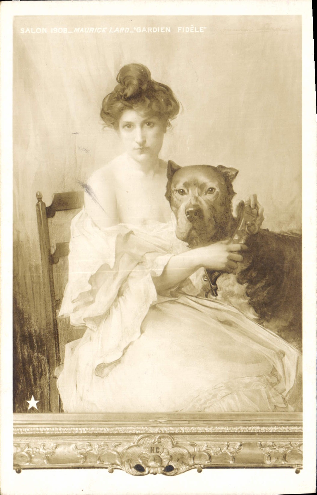 CPA Chien Chiens Chiot Femme Salon 1908 Maurice Lapo Gardien fidele