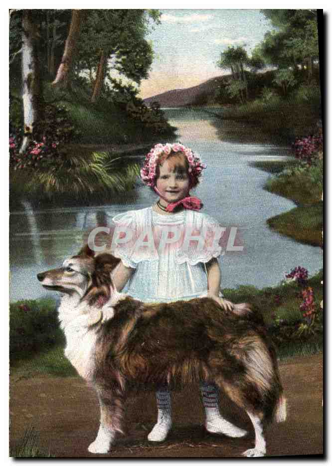 Fille et chien — paysage fluvial — série 1430, imprimée en Allemagne