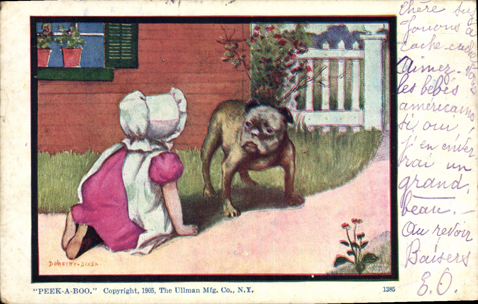 Enfant en bonnet blanc et chien bulldog — jeu 'cache-cache' — Dorothy Dixon, série 1385, The Ullman Mfg. Co., N.Y.