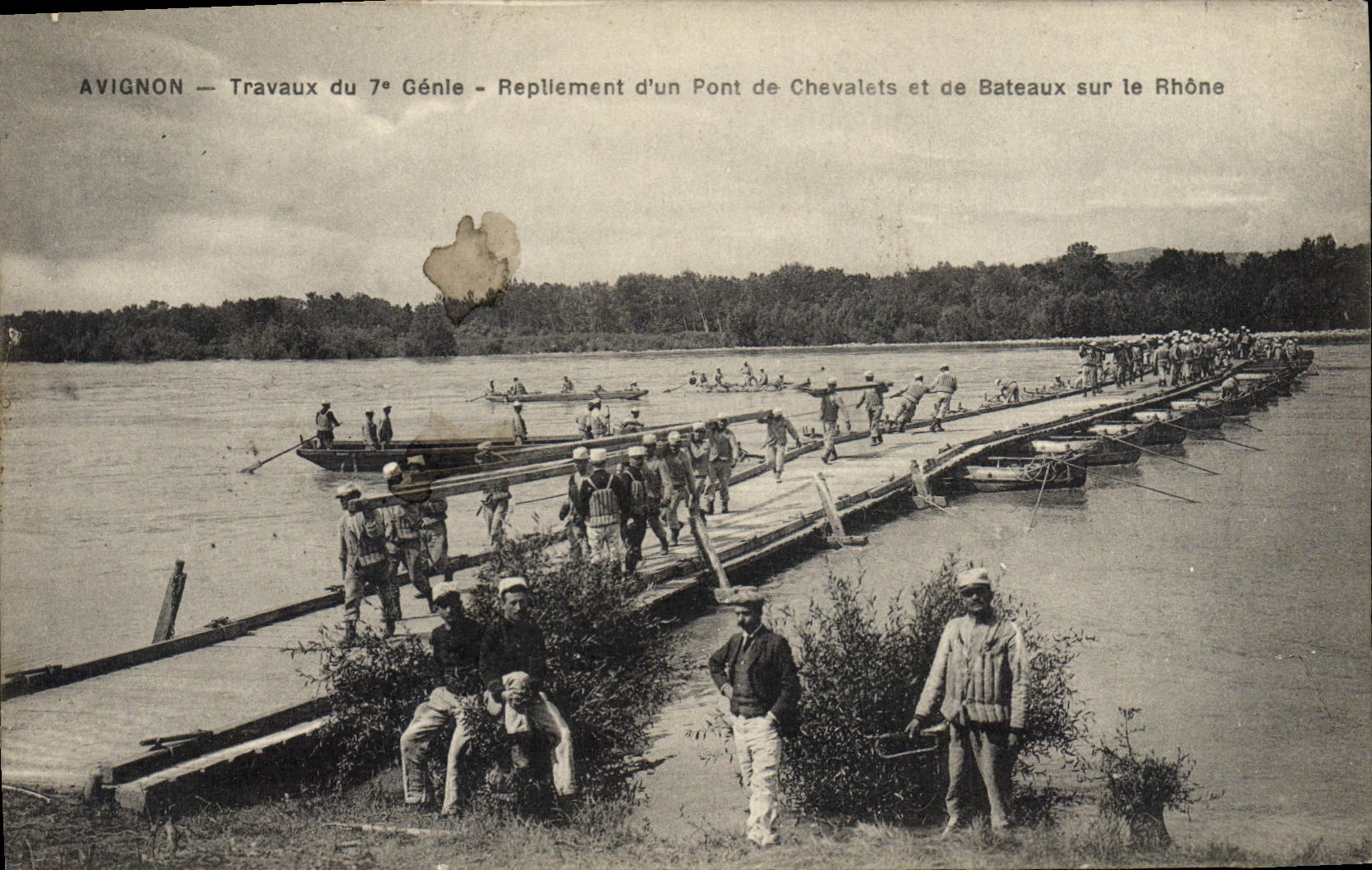 Avignon — Trabajos del 7° Genio — Retiro de un puente de caballetes y barcos sobre el Ródano